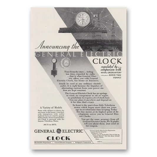 1930 General Electric Clocks Announcing the General Electric Clock Naval Observatory Vintage Magazine Print Ad