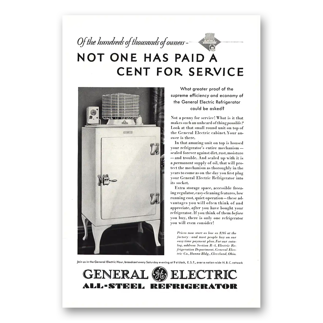 1930 General Electric Refrigerator Not One Has Paid a Cent for Service Vintage Magazine Print Ad