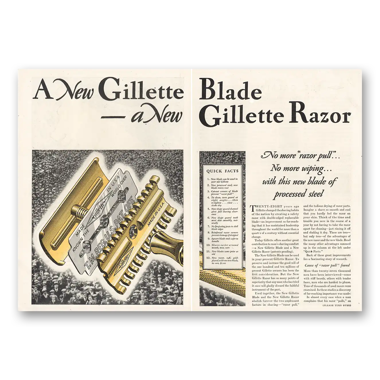 1930 Gillette Razor Blades No More Razor Pull Vintage Magazine Print Ad