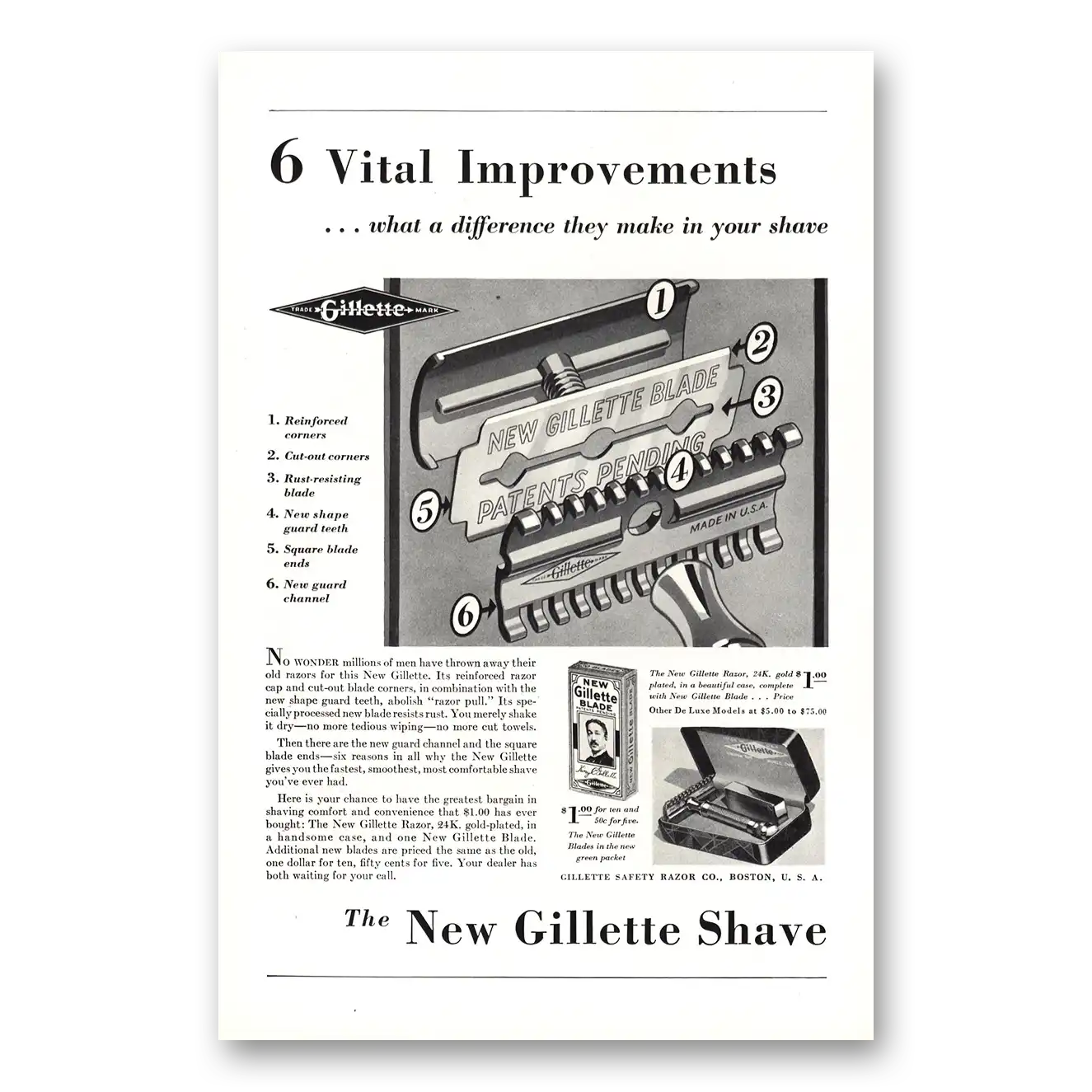 1930 Gillette Razor Blades Blade 6 Vital Improvements Vintage Magazine Print Ad