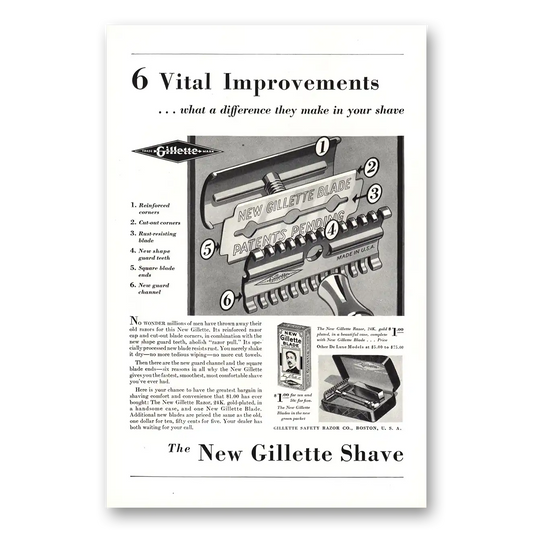 1930 Gillette Razor Blades Blade 6 Vital Improvements Vintage Magazine Print Ad