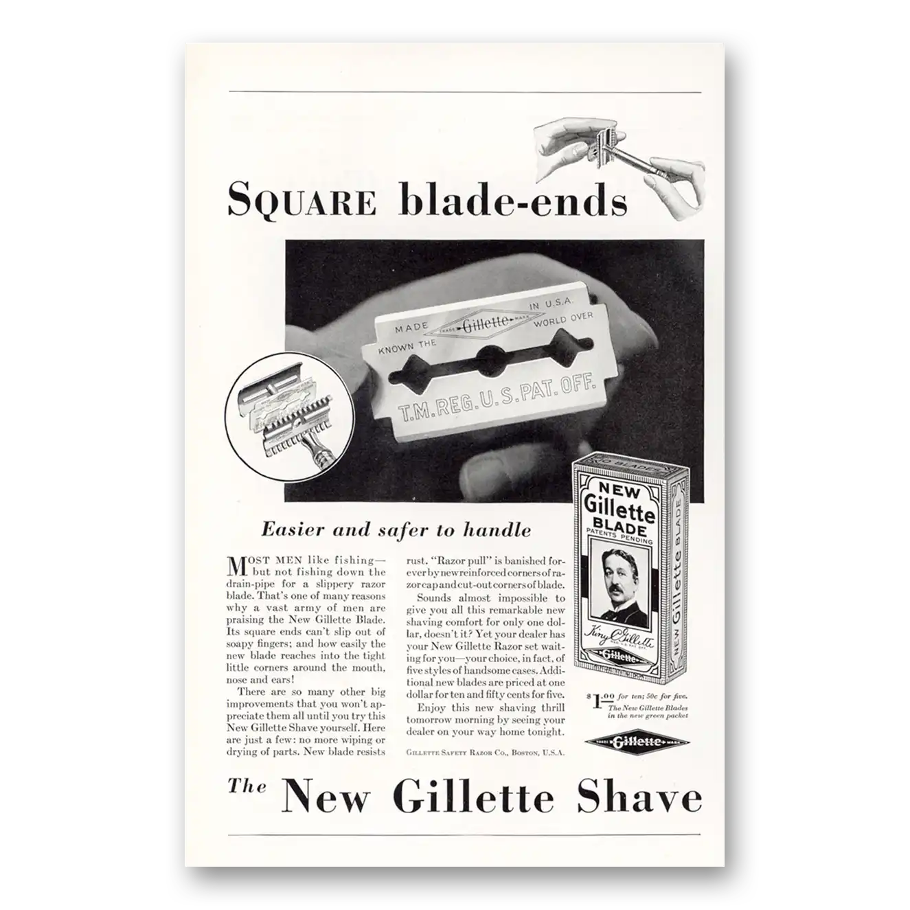 1930 Gillette Razor Blades Square Blade Ends Easier and Safer to Handle Vintage Magazine Print Ad