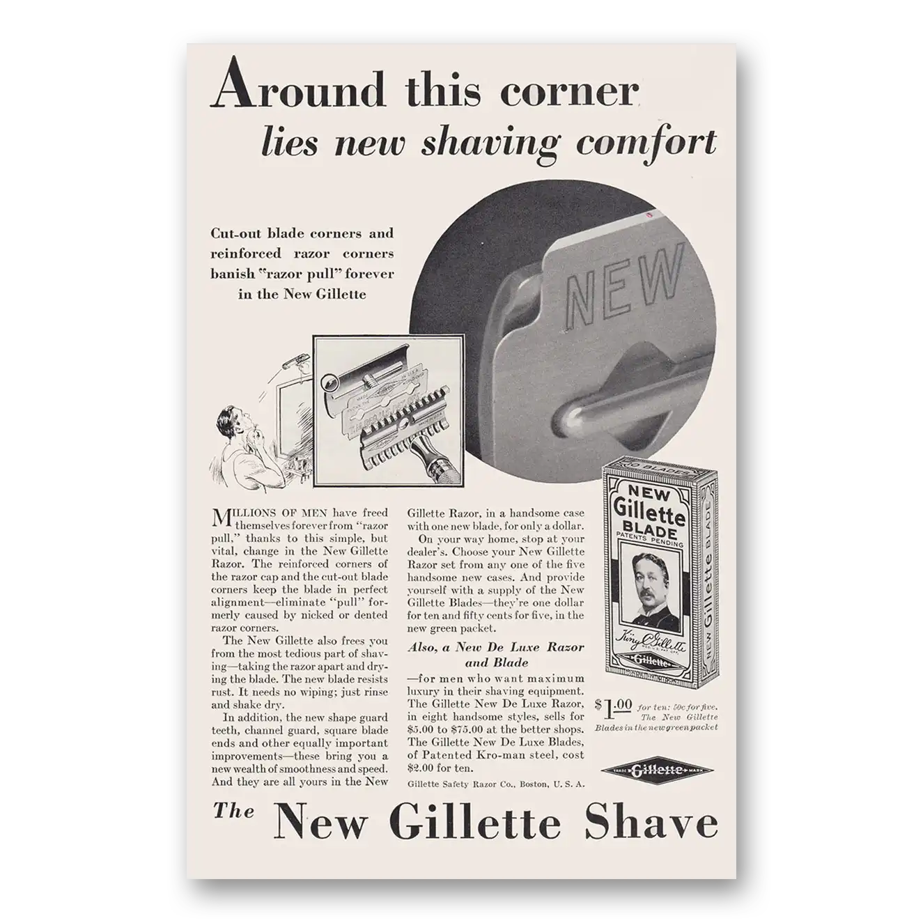 1930 Gillette Razor Blades Around This Corner Lies New Shaving Comfort Vintage Magazine Print Ad