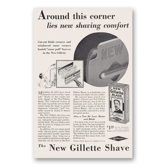 1930 Gillette Razor Blades Around This Corner Lies New Shaving Comfort Vintage Magazine Print Ad