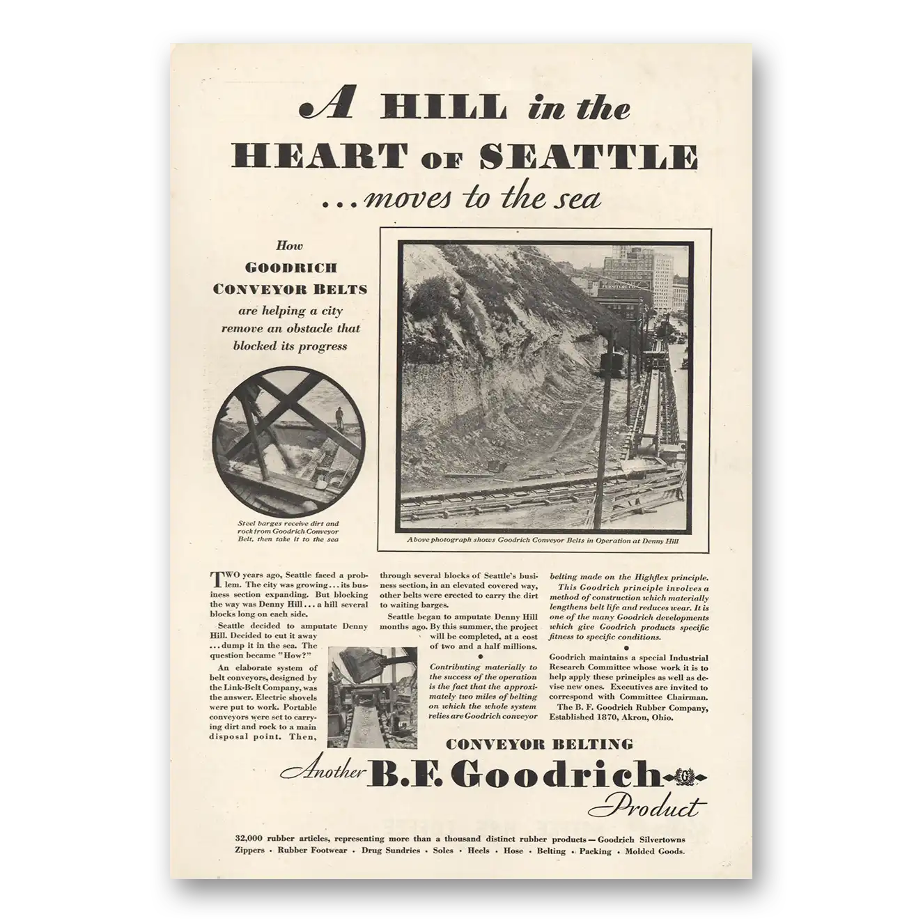 1930 Goodrich Conveyor Belting Heart of Seattle Vintage Magazine Print Ad