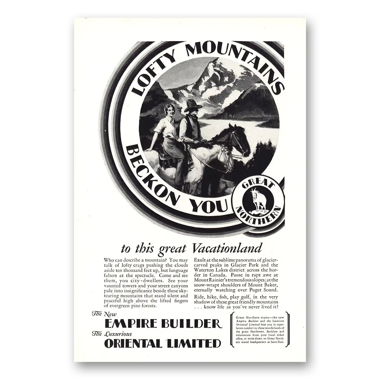 1930 Great Northern Railway Lofty Mountains Beckon You Vintage Magazine Print Ad