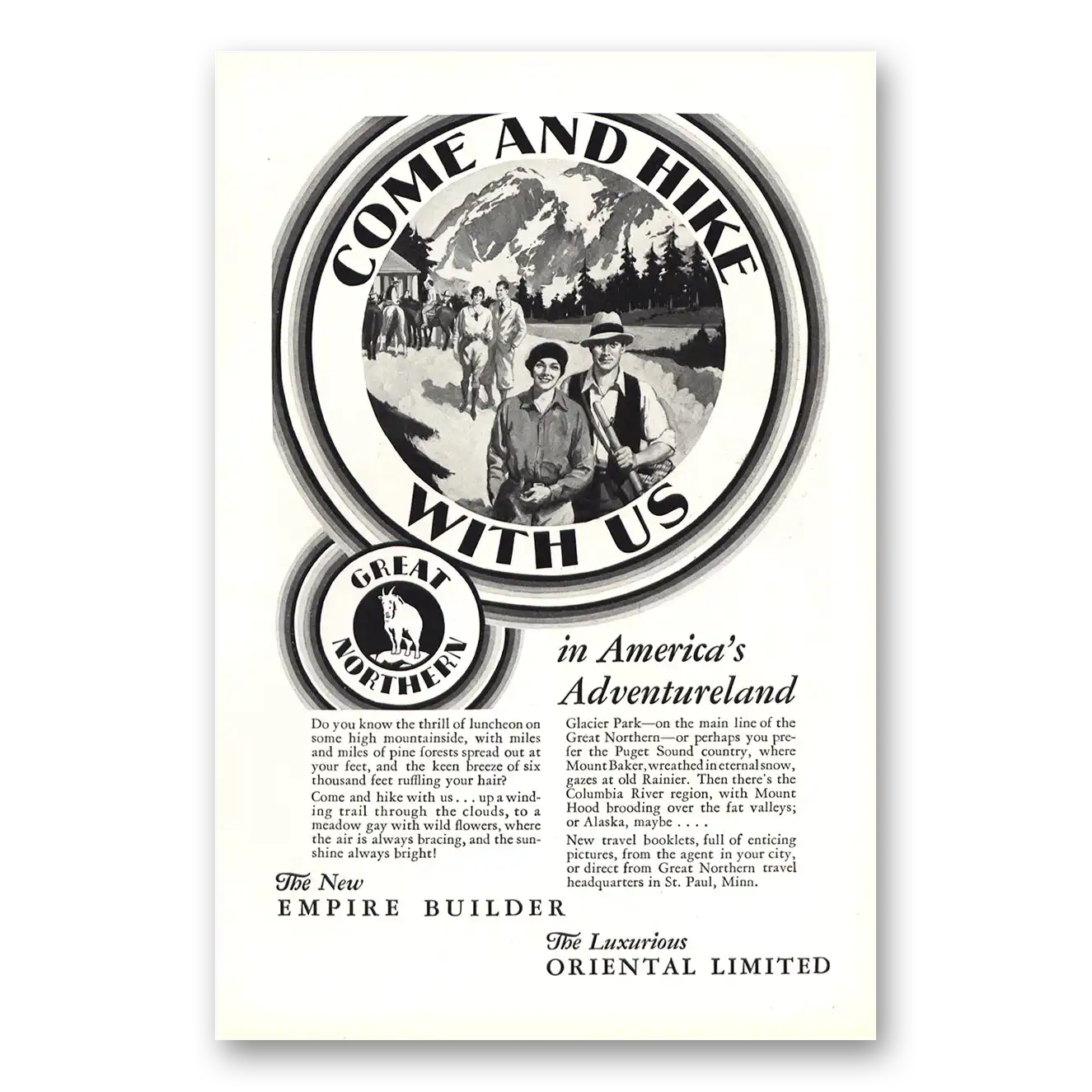 1930 Great Northern Railway Come and Hike With Us Empire Builder Vintage Magazine Print Ad