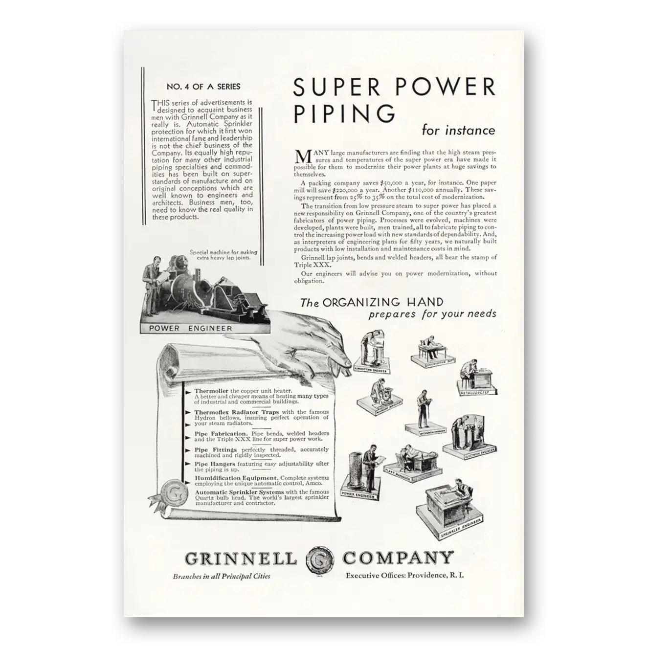 1930 Grinnell Company Super Power Piping for Instance Vintage Magazine Print Ad