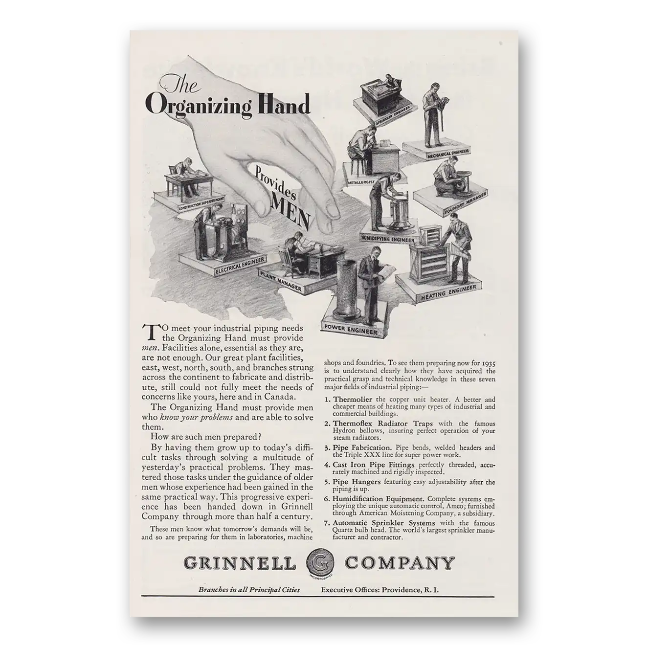 1930 Grinnell Company Organizing Hand Provides Men Vintage Magazine Print Ad