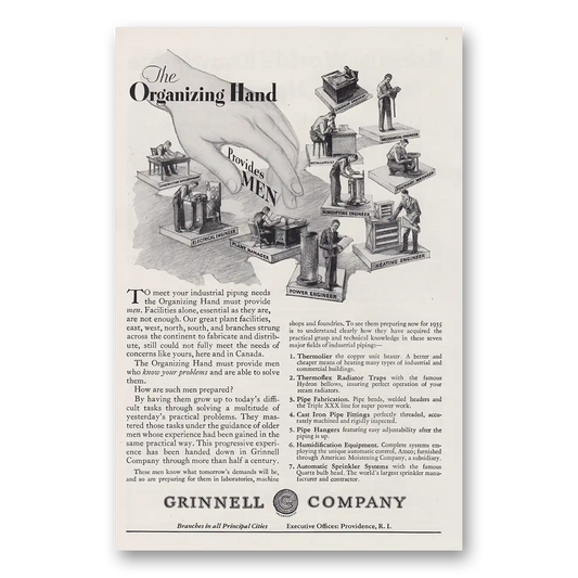 1930 Grinnell Company Organizing Hand Provides Men Vintage Magazine Print Ad