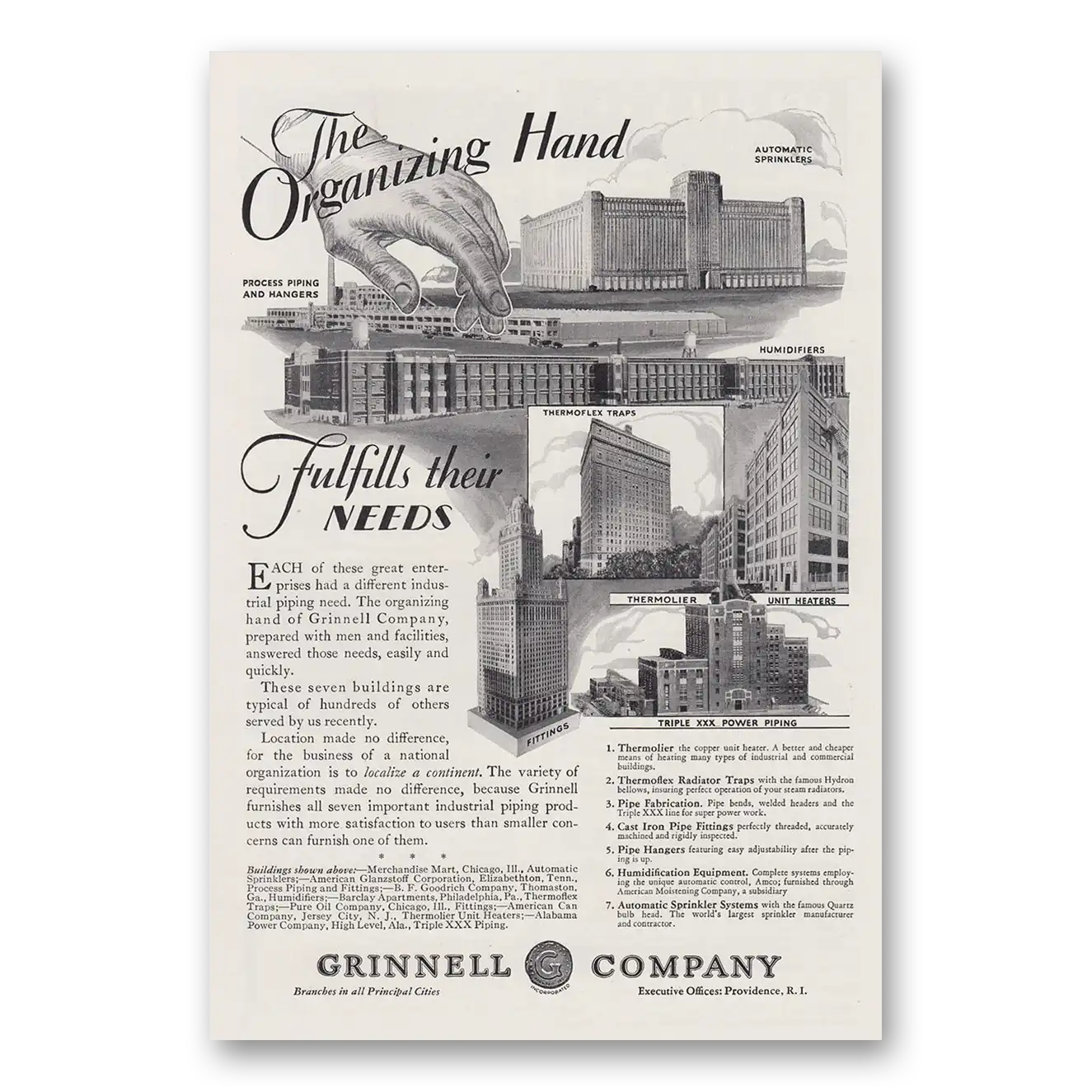 1930 Grinnell Company Organizing Hand Fulfills Their Needs Vintage Magazine Print Ad