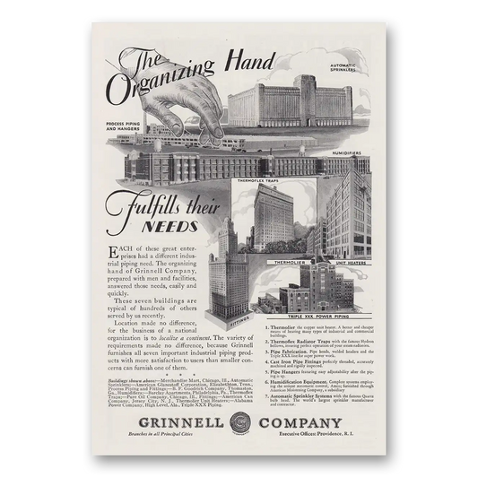 1930 Grinnell Company Organizing Hand Fulfills Their Needs Vintage Magazine Print Ad