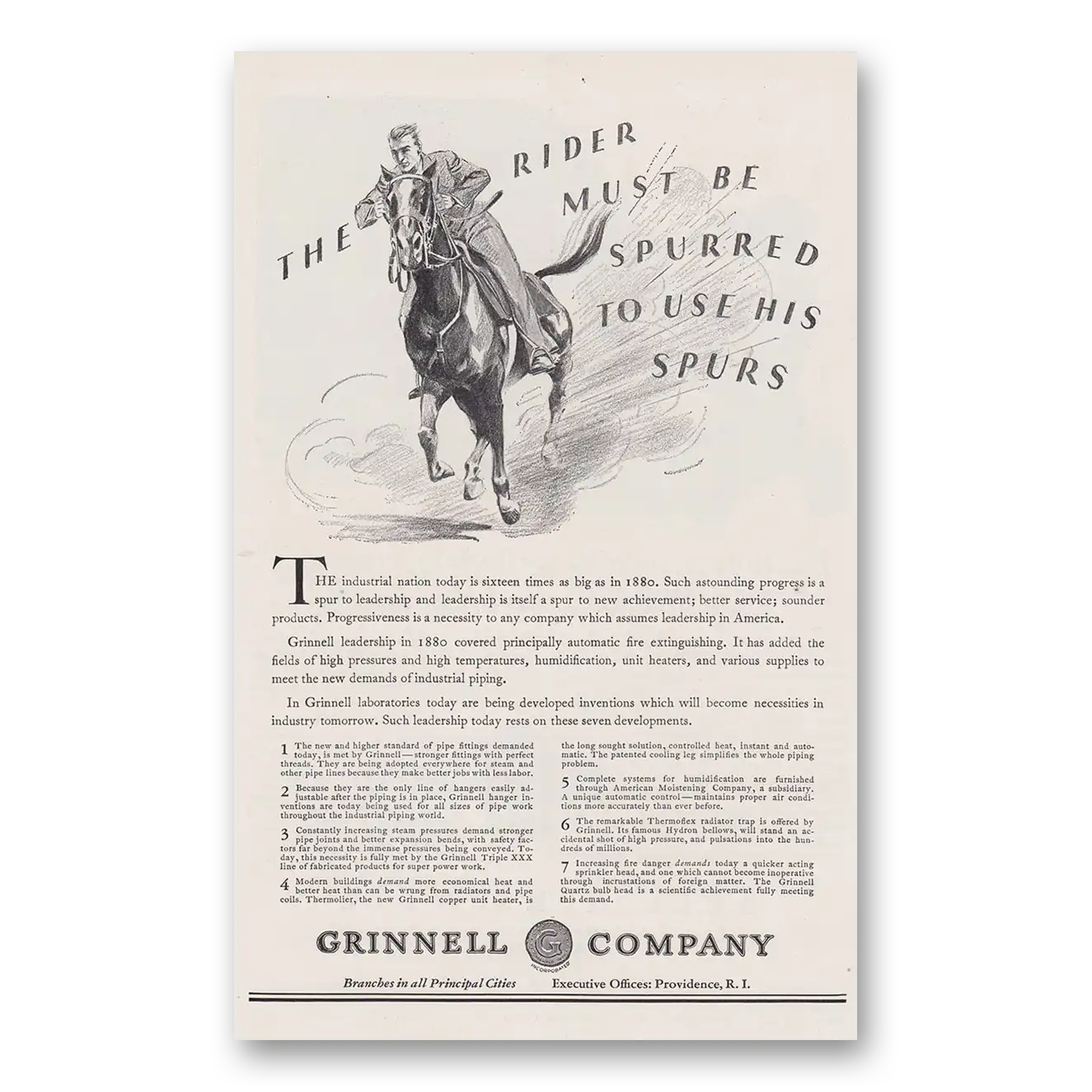 1930 Grinnell Company Rider Must Be Spurred To Use His Spurs Vintage Magazine Print Ad