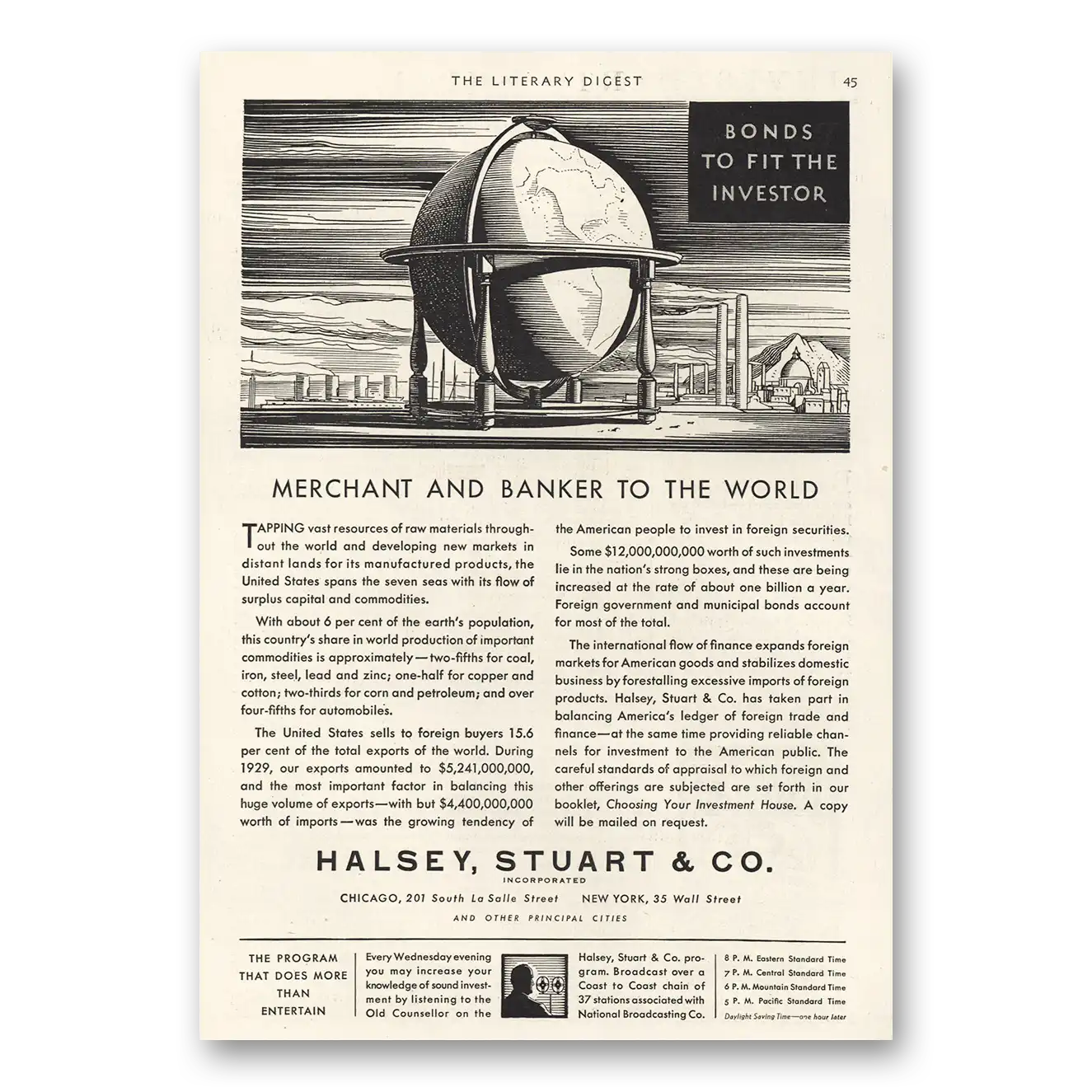 1930 Halsey Stuart & Co Merchant Banker to World Vintage Magazine Print Ad