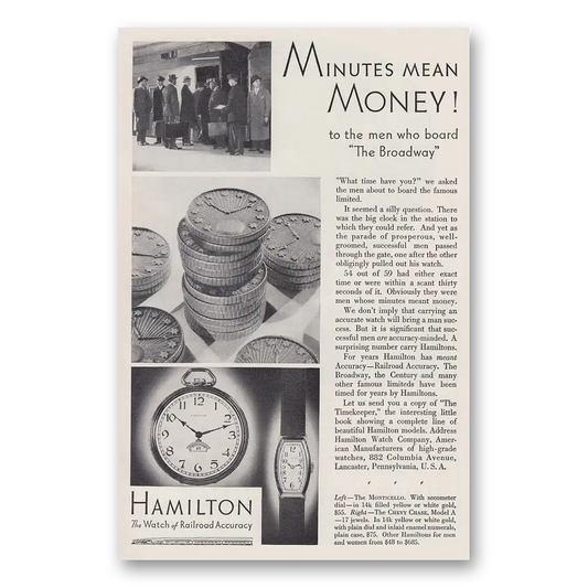 1930 Hamilton Watch Minutes Mean Money to the Men Who Board the Broadway Vintage Magazine Print Ad