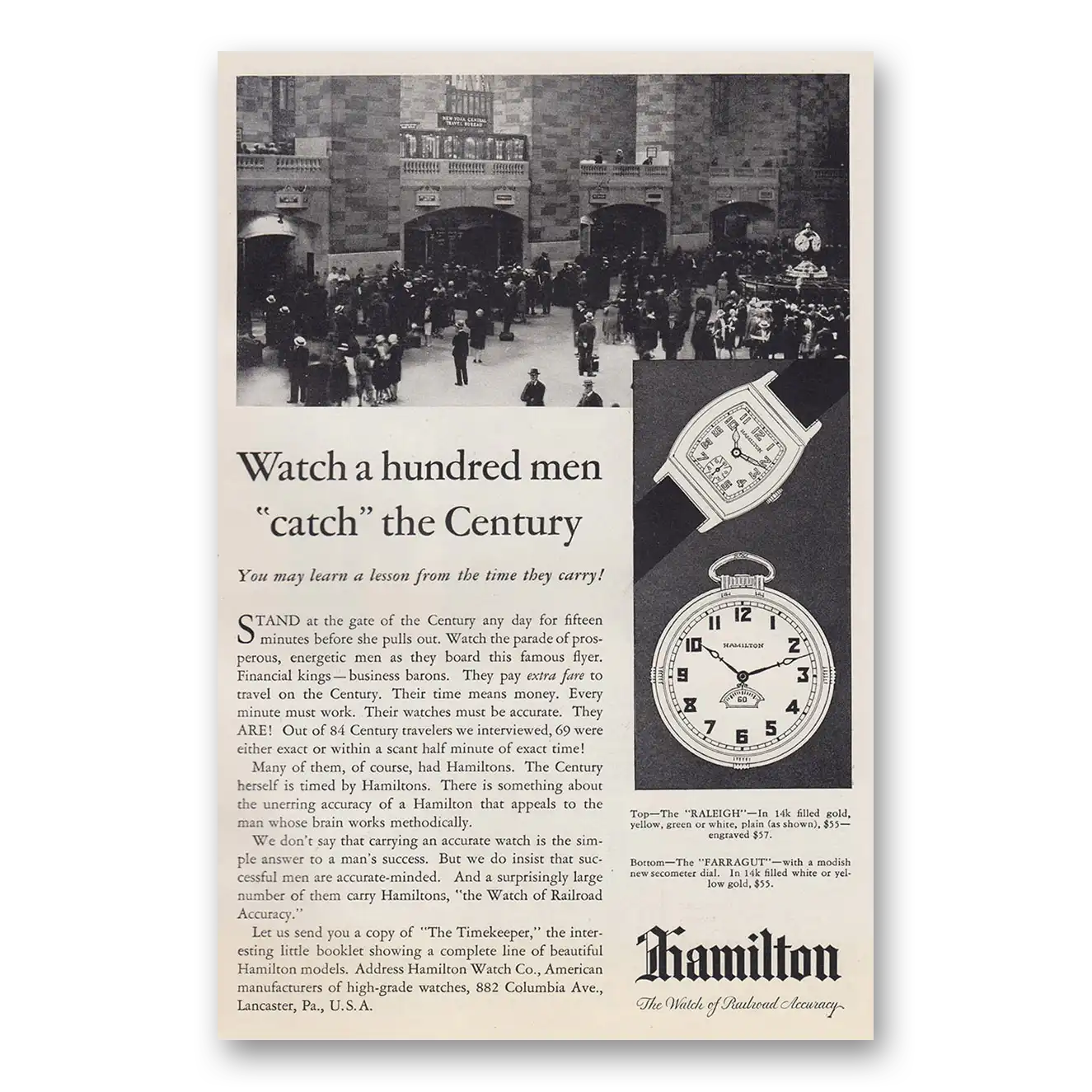 1930 Hamilton Watch a Hundred Men Catch the Century Vintage Magazine Print Ad