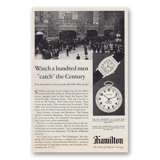 1930 Hamilton Watch a Hundred Men Catch the Century Vintage Magazine Print Ad