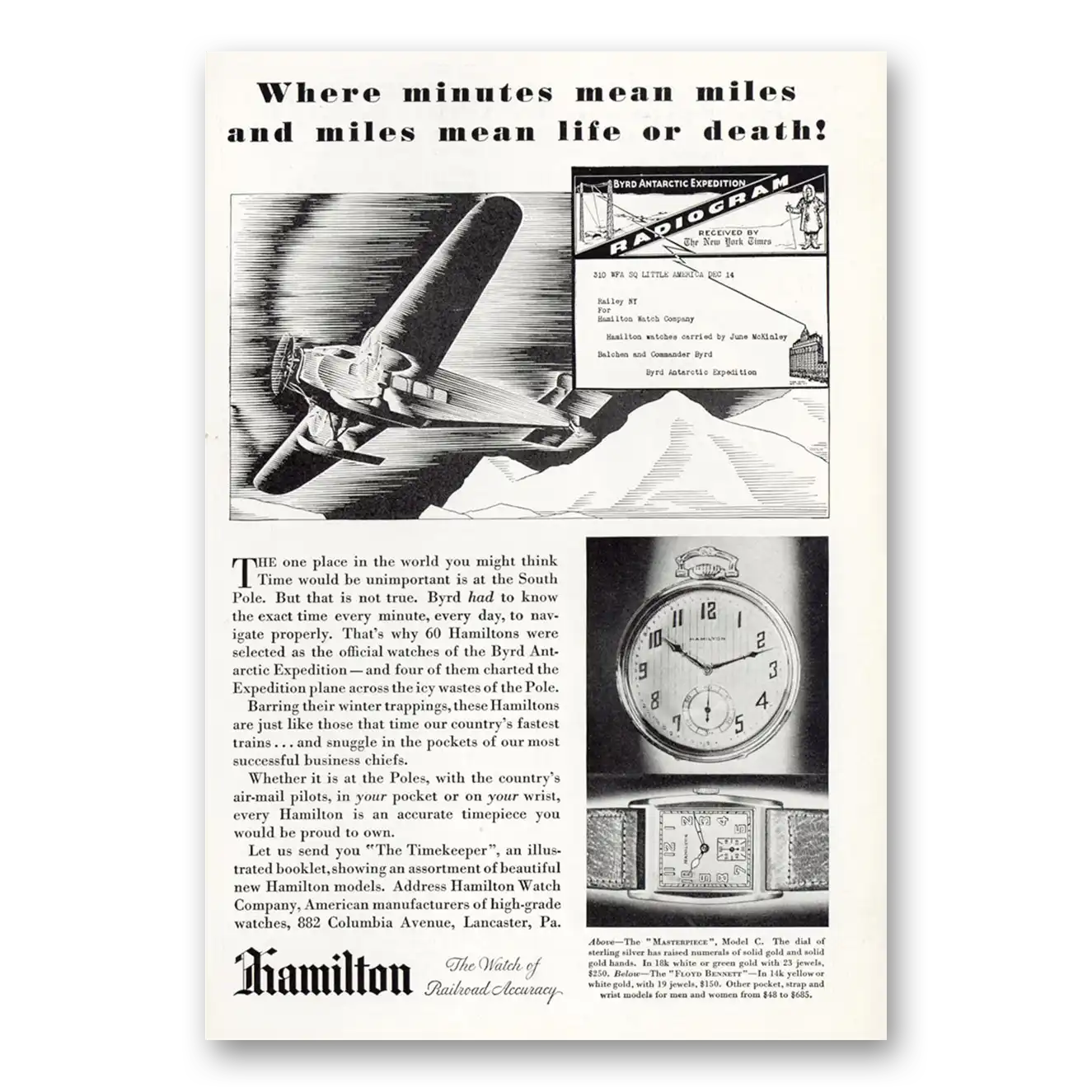 1930 Hamilton Watch Where Minutes Mean Miles Vintage Magazine Print Ad