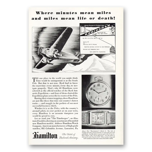 1930 Hamilton Watch Where Minutes Mean Miles Vintage Magazine Print Ad