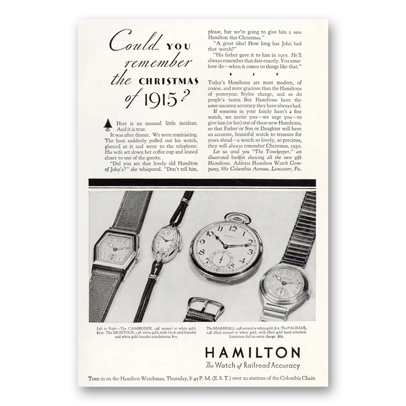 1930 Hamilton Watch Could You Remember the Christmas of Vintage Magazine Print Ad