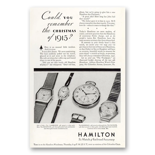 1930 Hamilton Watch Could You Remember the Christmas of Vintage Magazine Print Ad