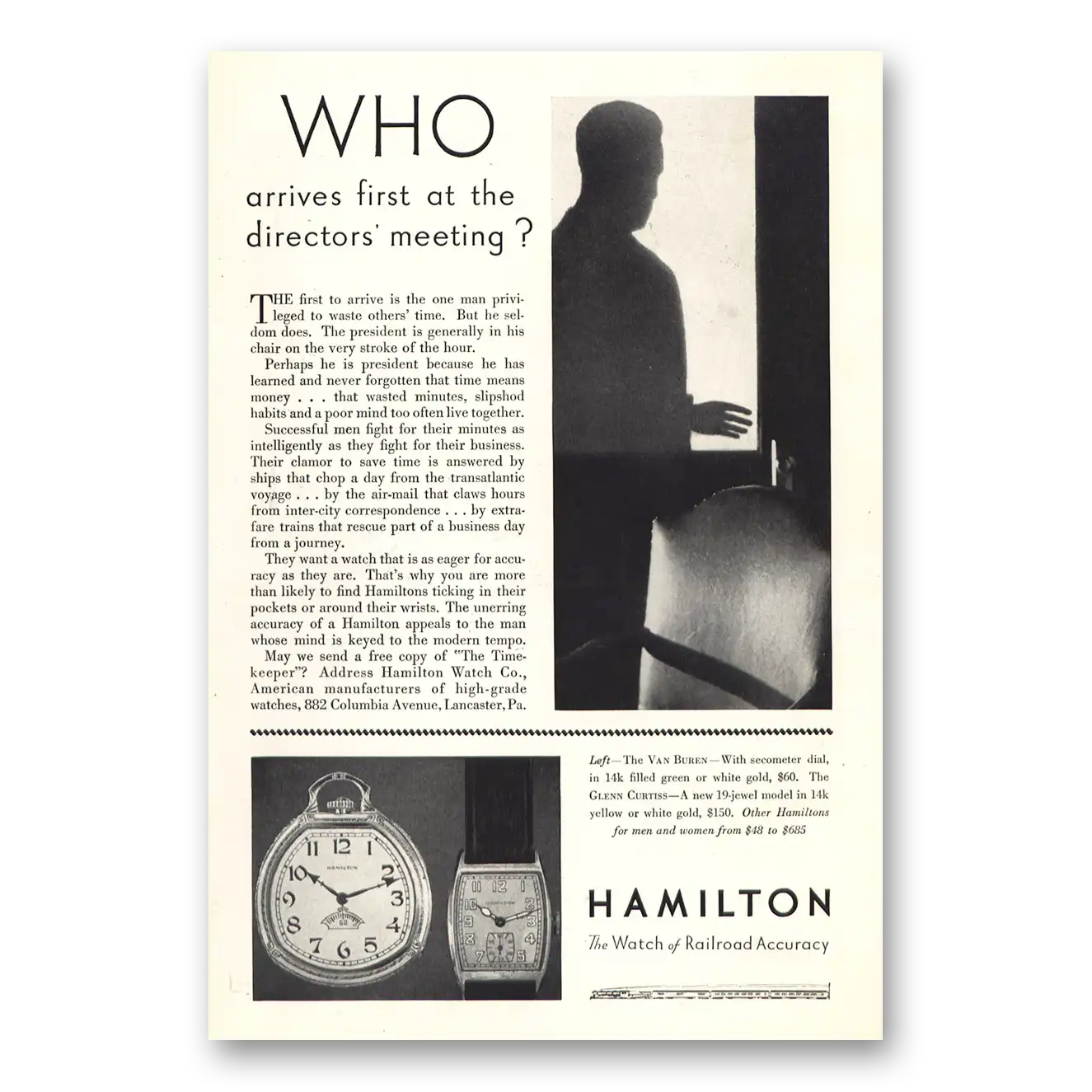 1930 Hamilton Watch Who Arrives First at the Directors Meeting Vintage Magazine Print Ad