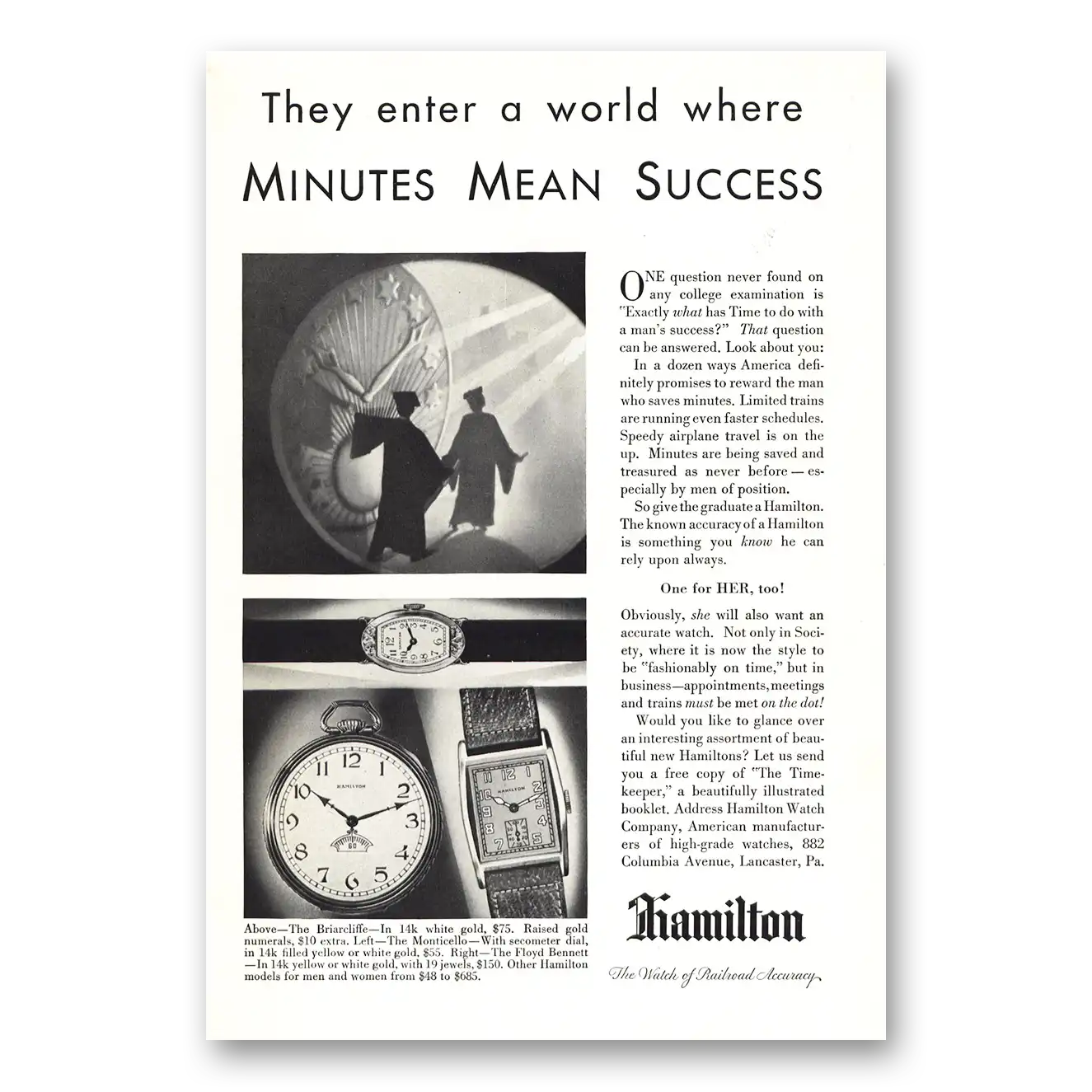 1930 Hamilton Watch They Enter a World Where Minutes Mean Success Vintage Magazine Print Ad