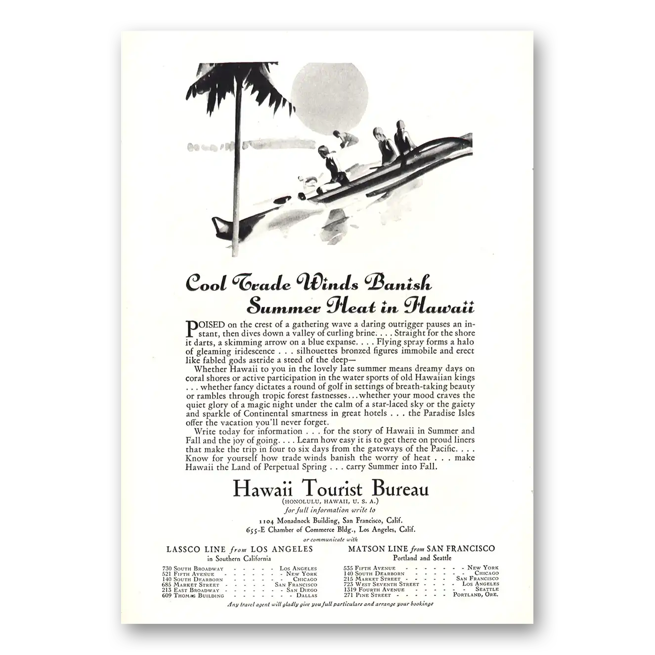 1930 Hawaii Cool Trade Winds Banish Summer Heat Vintage Magazine Print Ad