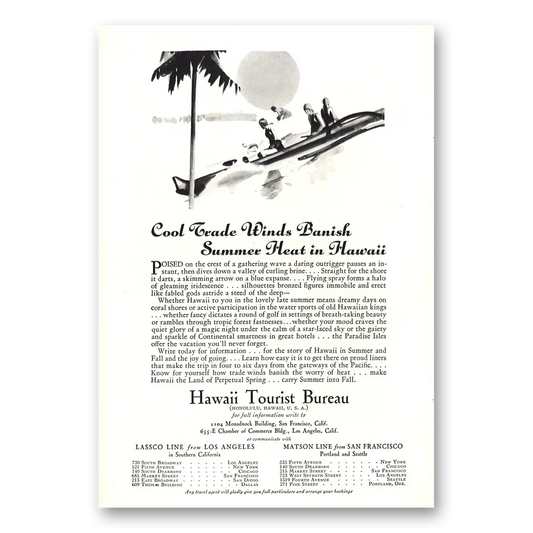 1930 Hawaii Cool Trade Winds Banish Summer Heat Vintage Magazine Print Ad