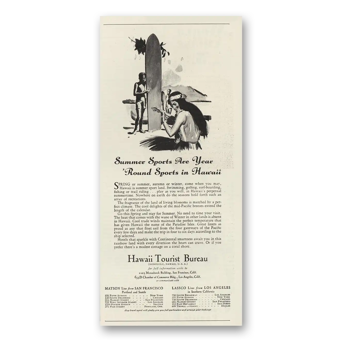 1930 Hawaii Summer Sports Year Round Vintage Magazine Print Ad