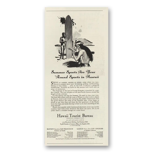 1930 Hawaii Summer Sports Year Round Vintage Magazine Print Ad