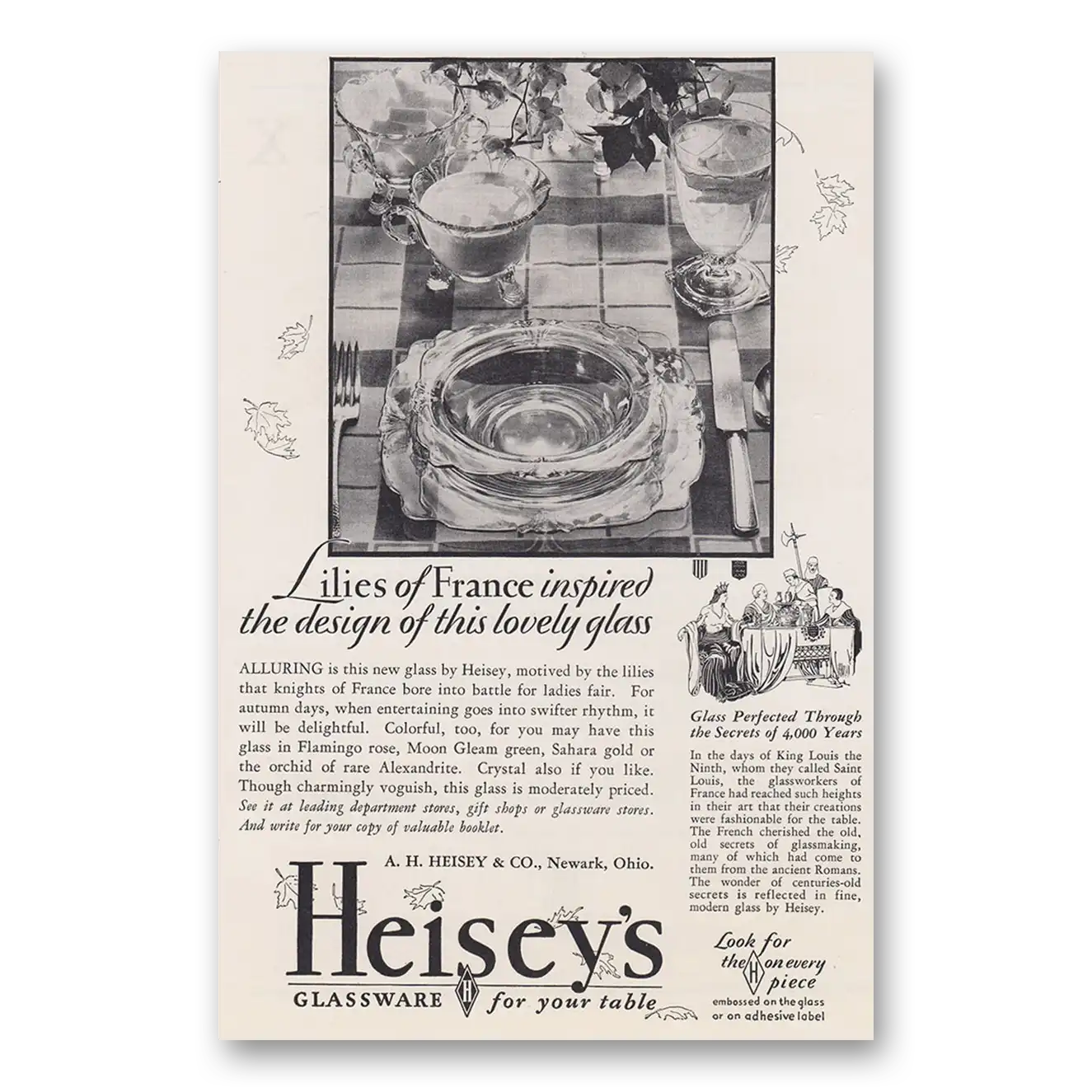 1930 Heiseys Glassware Lilies of France Inspired Vintage Magazine Print Ad