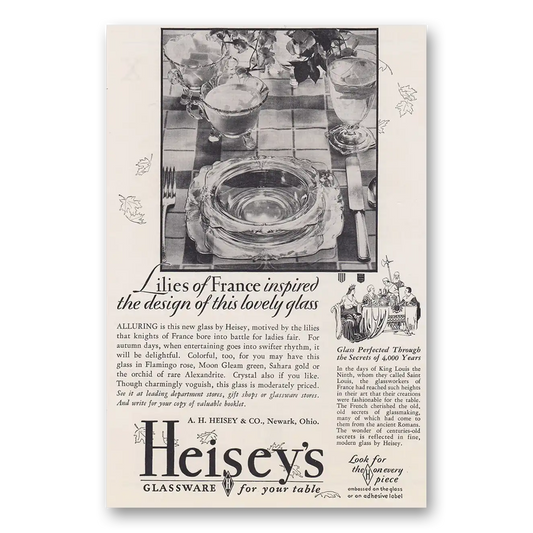 1930 Heiseys Glassware Lilies of France Inspired Vintage Magazine Print Ad