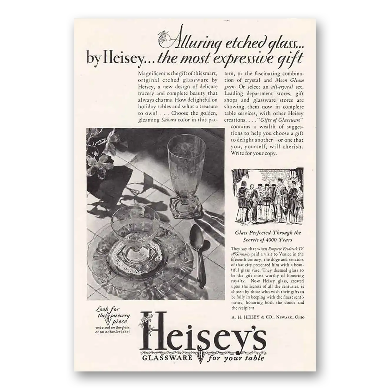 1930 Heiseys Glassware Alluring Etched Glass Vintage Magazine Print Ad