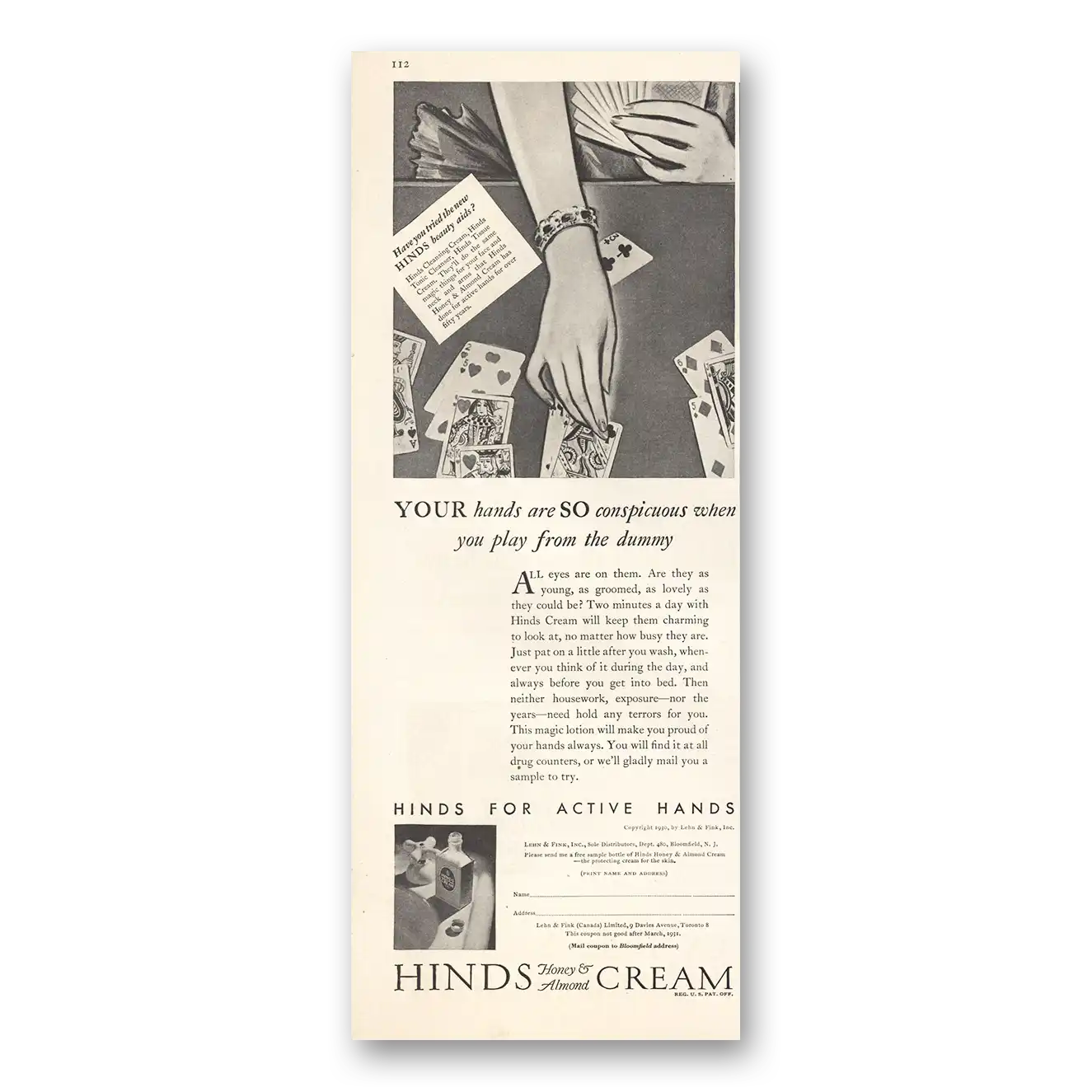 1930 Hinds Cream Hands So  Conspicuous Play From Dummy Vintage Magazine Print Ad