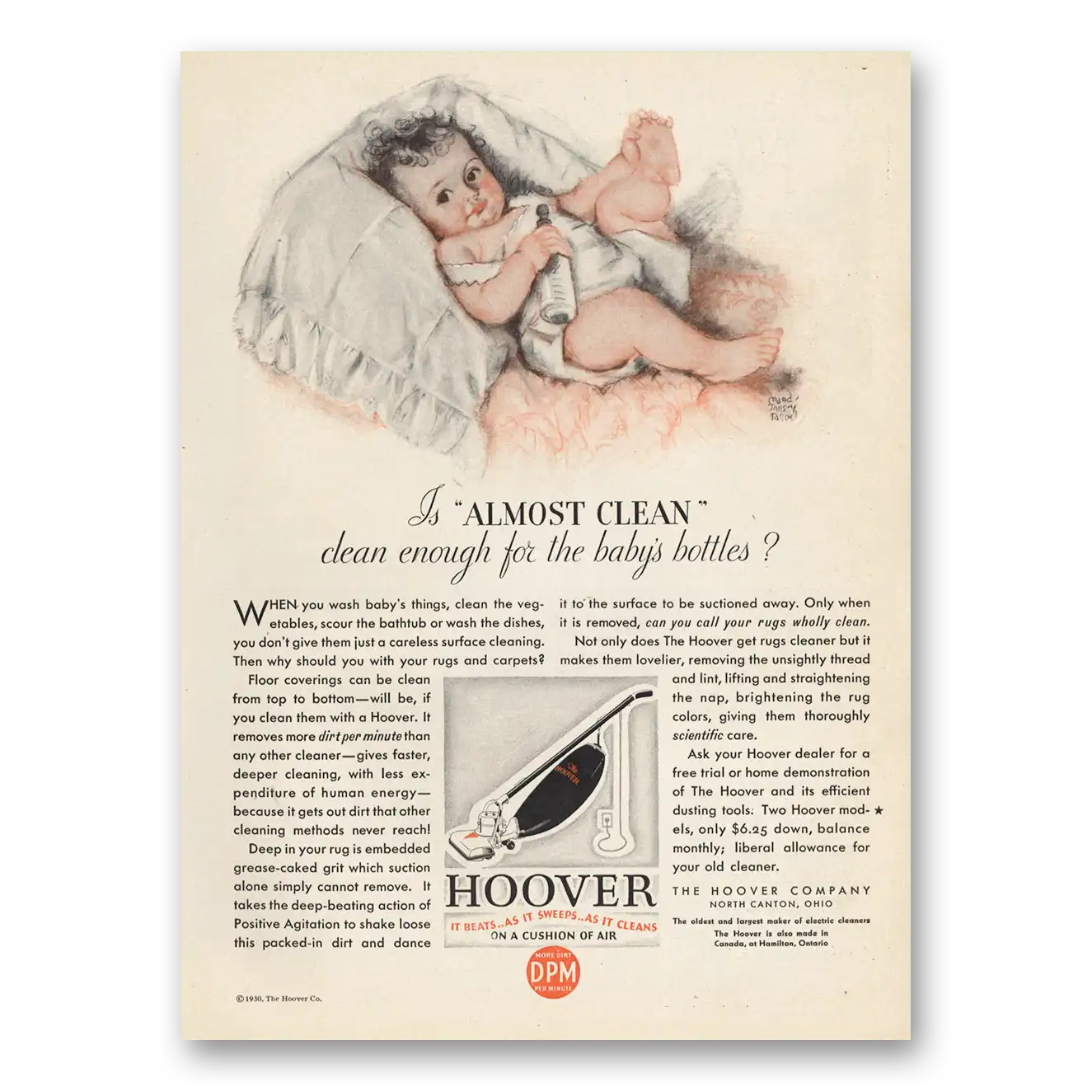 1930 Hoover Vacuum Almost Clean Enough for Babys Bottles Vintage Magazine Print Ad