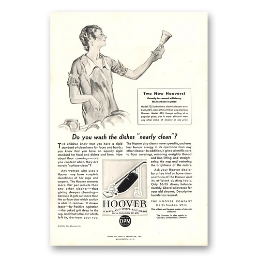 1930 Hoover Vacuum Wash the Dishes Nearly Clean Vintage Magazine Print Ad