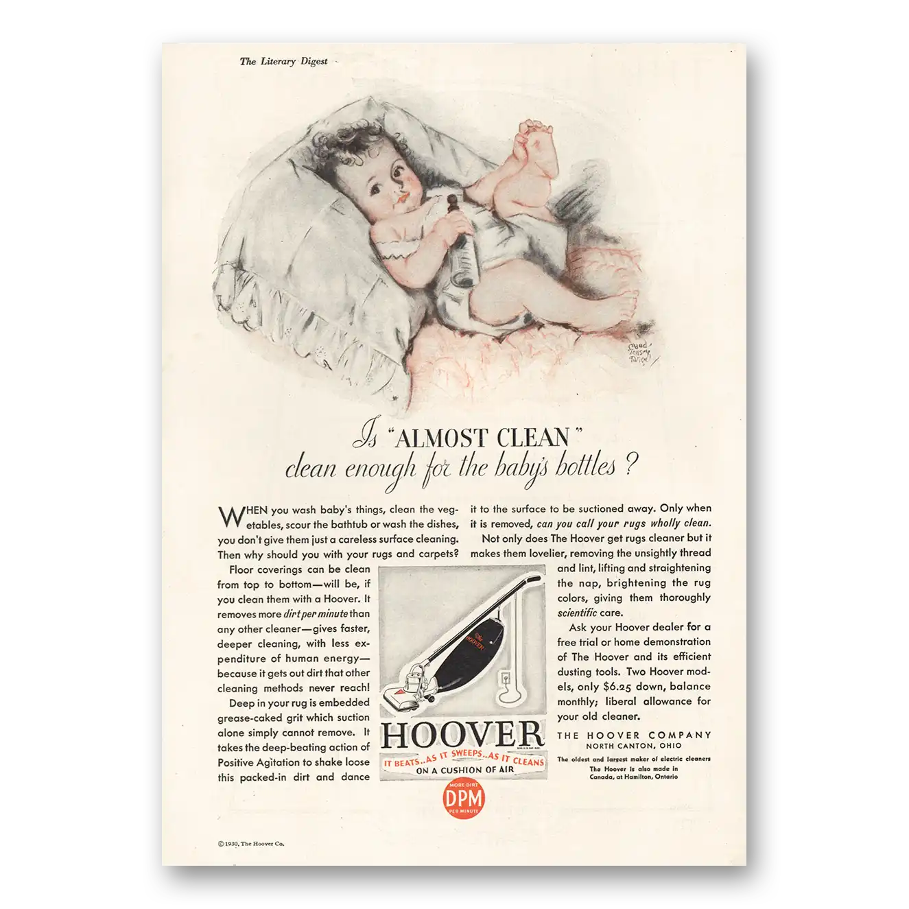 1930 Hoover Vacuum Clean Enough Babys Bottles Vintage Magazine Print Ad