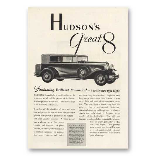 1930 Hudson Motor Car Great 8 Vintage Magazine Print Ad