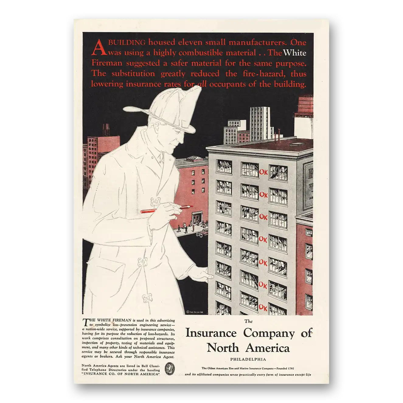 1930 Insurance Company North America INA White Fireman Vintage Magazine Print Ad