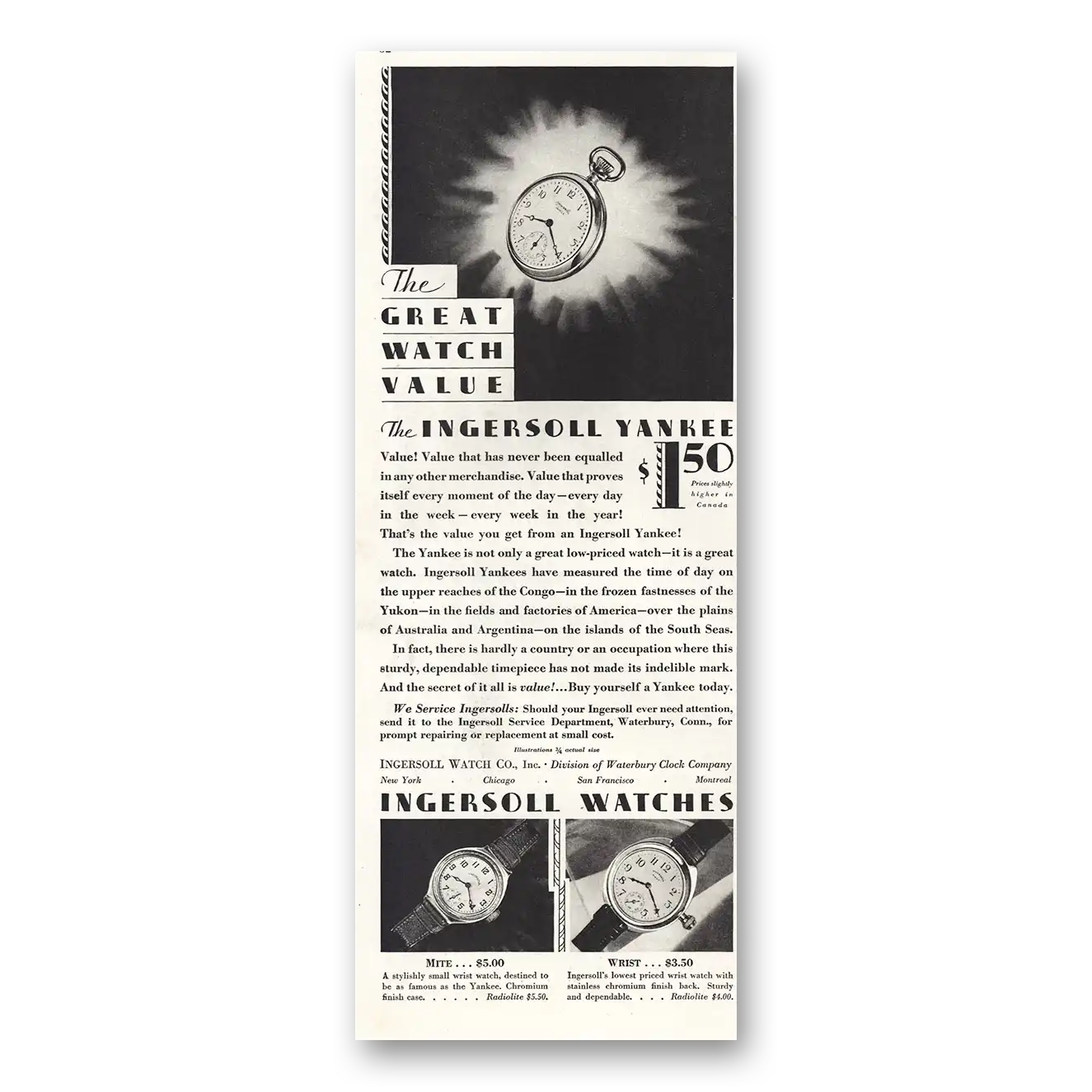 1930 Ingersoll Great Watch Value Vintage Magazine Print Ad