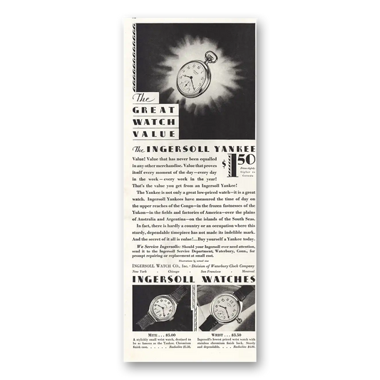 1930 Ingersoll Great Watch Value Vintage Magazine Print Ad