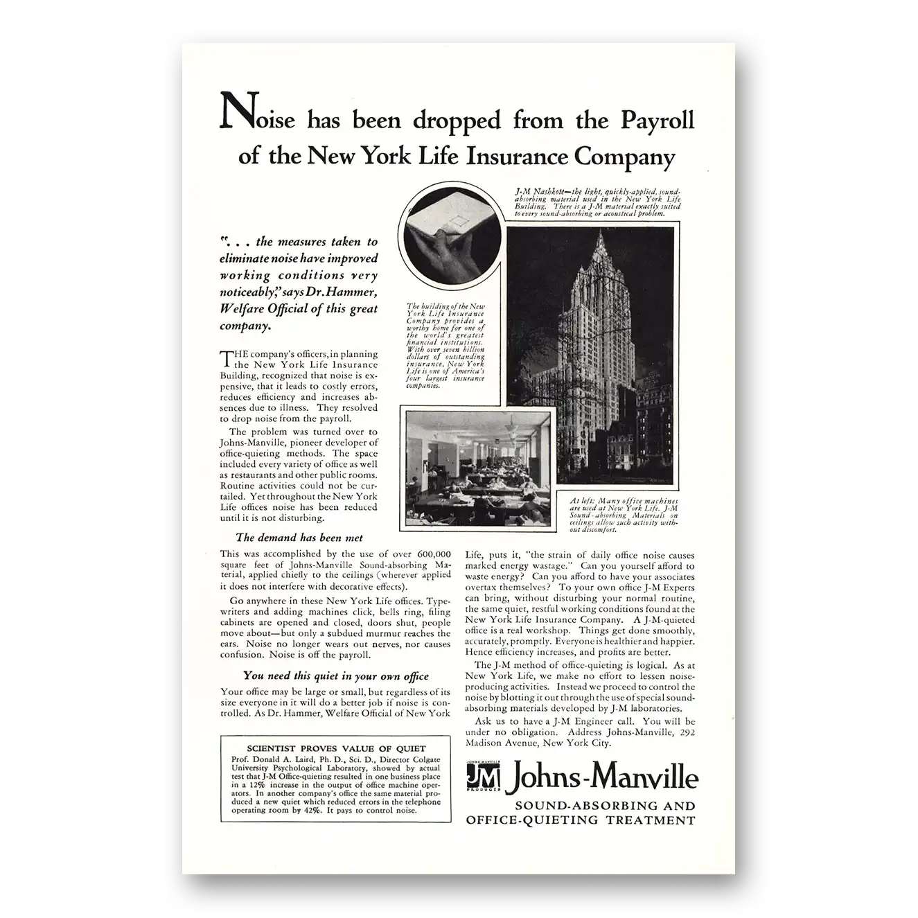 1930 Johns Manville Noise Has Been Dropped New York Life Insurance Vintage Magazine Print Ad