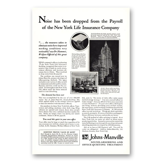 1930 Johns Manville Noise Has Been Dropped New York Life Insurance Vintage Magazine Print Ad