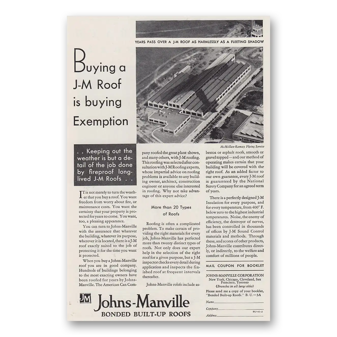 1930 Johns Manville Bonded Built Up Roofs Buying Exemption Vintage Magazine Print Ad