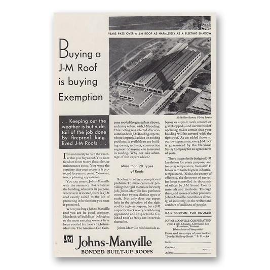 1930 Johns Manville Bonded Built Up Roofs Buying Exemption Vintage Magazine Print Ad