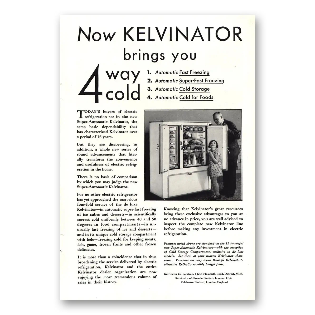 1930 Kelvinator Refrigerator Super Automatic Kelvinator 4 Way Cold Vintage Magazine Print Ad