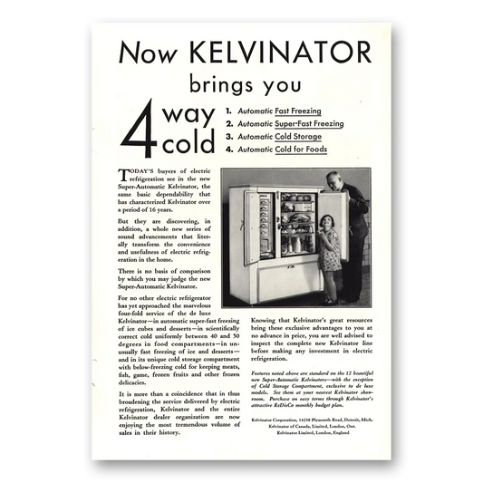 1930 Kelvinator Refrigerator Super Automatic Kelvinator 4 Way Cold Vintage Magazine Print Ad