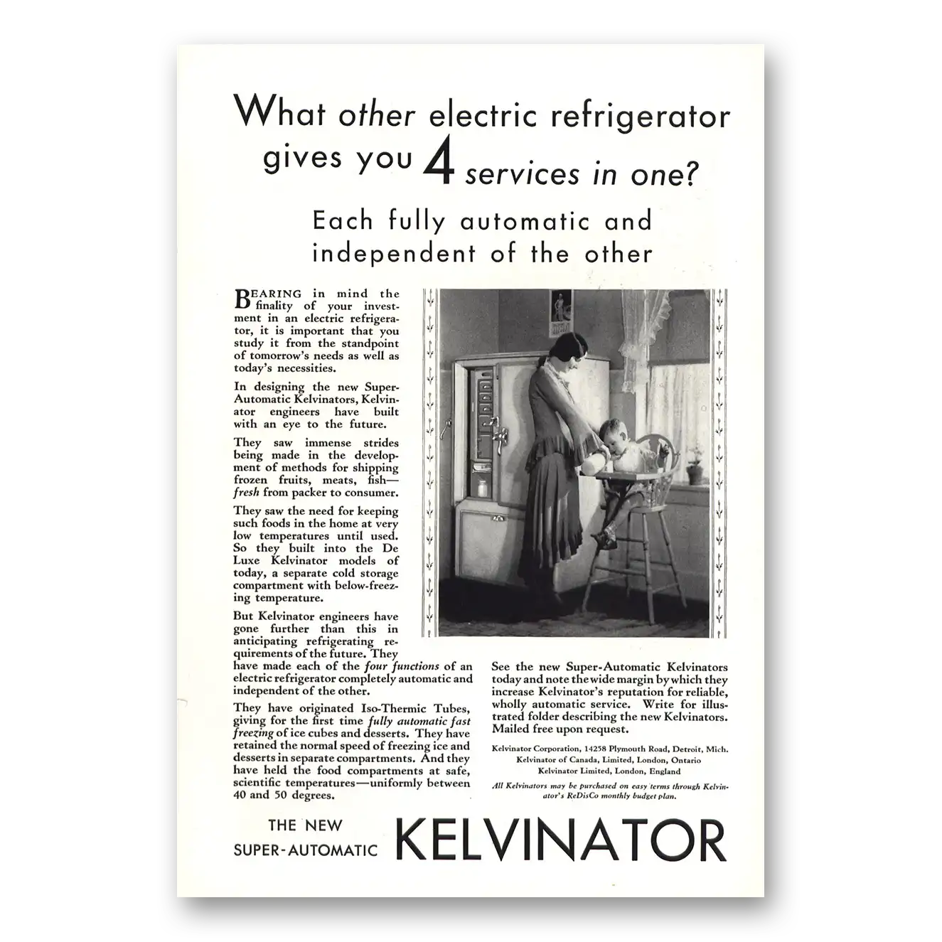 1930 Kelvinator Refrigerator 4 Services In One Vintage Magazine Print Ad