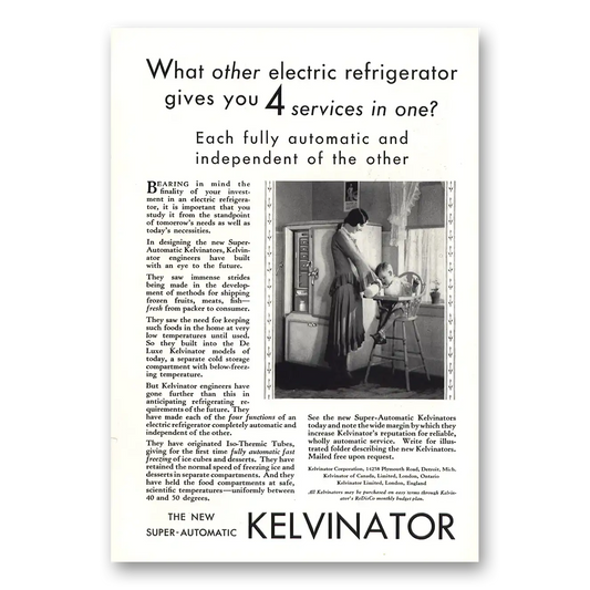 1930 Kelvinator Refrigerator 4 Services In One Vintage Magazine Print Ad